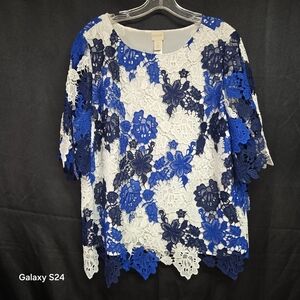 Elegant Lace Floral Top - Blue and White